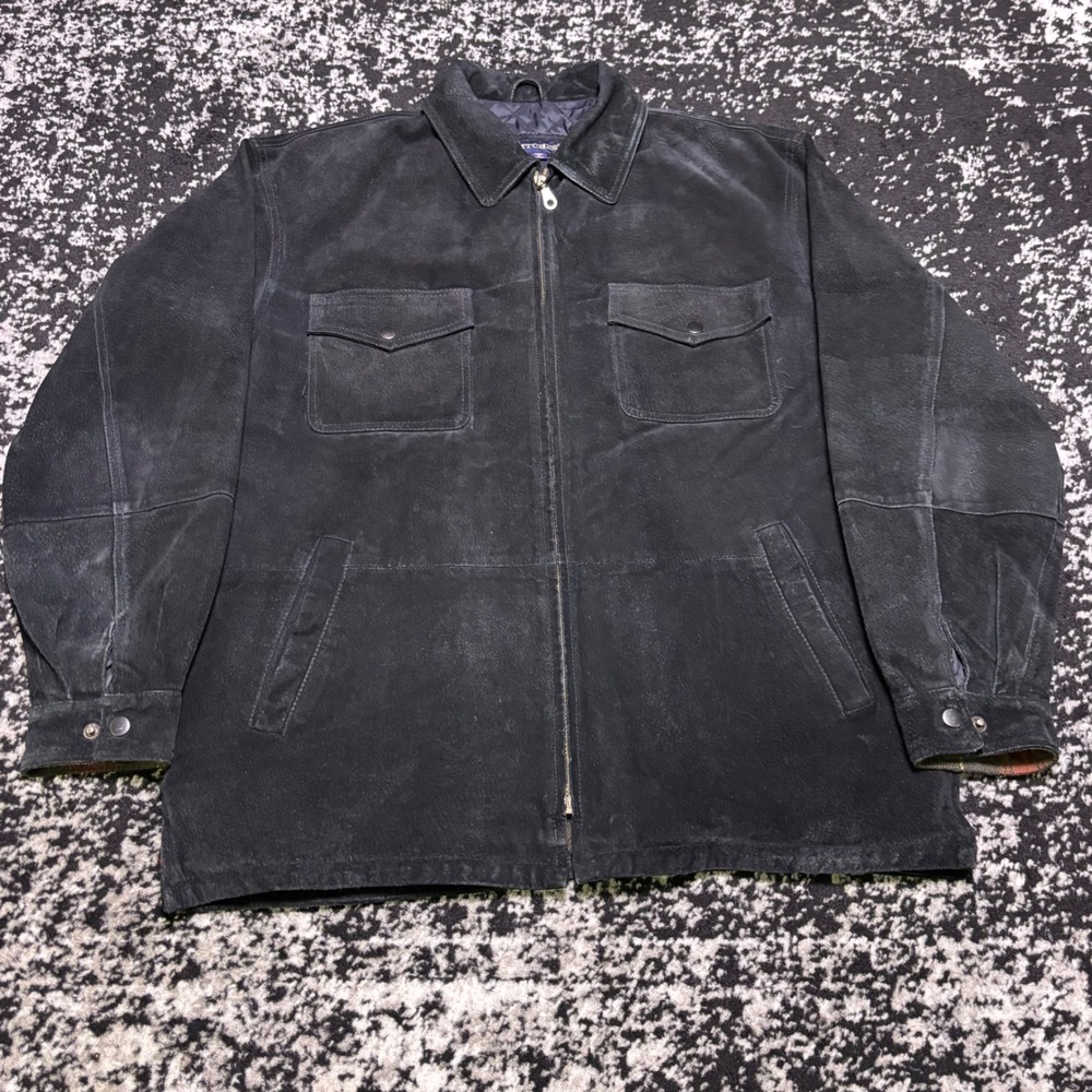 Vintage Britches Black Suede Leather Jacket Mens Medium Plaid Lined Full Zip